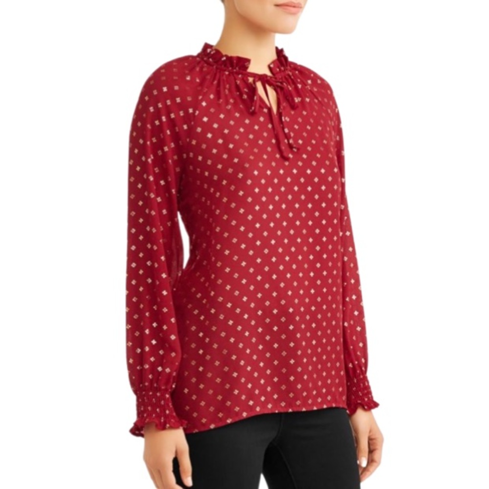 NWT Red Foil Ruffle Relaxed Fit Smocked Peasant Edwardian Holiday Blouse Sz Med - Picture 3 of 14